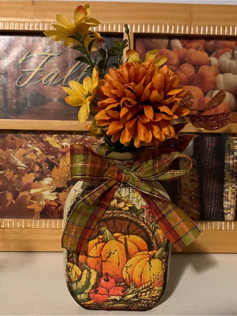 Autumn Pumpkin Decorative Vase with Orange Floral Arrangement